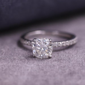 Square Cushion Lab Grown Diamond Engagement Ring, Classic Hidden Halo & Pave Set Diamond Ring, 14K White Gold Wedding Ring, Gift for Women.