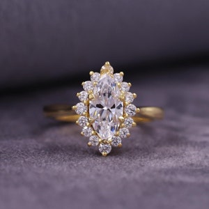 Unique Halo Wedding Ring, Marquise Cut Lab Grown Diamond Ring, Six Prong Set Wedding Ring, Solid Gold Engagement Ring, Custom Bridal Gift.