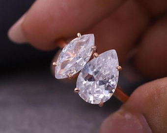 Marquise & Pear Cut Moissanite Wedding Ring, You-Me Statement Ring, Rose Gold Anniversary Gift, Classic Two Stone Engagement Ring for Women