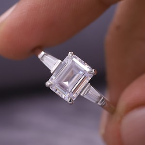 1.5 CT Emerald Cut Colorless Moissanite Engagement Ring, Emerald Cut Three Stone Ring, Side Tapered Baguette Cut Ring, Anniversary Gift