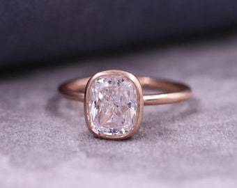 Lab Grown Solitaire Diamond Ring, Elongated Cushion Cut Engagement Ring, Full Bezel Set Wedding Ring, Delicate Bridal Ring, Anniversary Gift