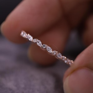 Full Eternity Diamond Band, 18k Rose Gold Wedding Band, Marquise & Round Cut Moissanite Band, Anniversary Band, Matching Band for Women