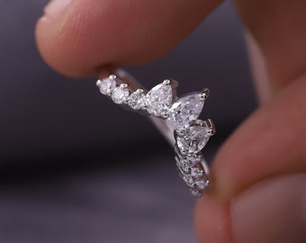 Moissanite Chevron Wedding Band, 925 Silver Anniversary Ring