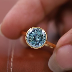 Portuguese Cut Blue Moissanite Diamond Ring, Full Bezel Set Matching Ring, Cathedral Shank Engagement Ring, Antique Round Stone Wedding Ring
