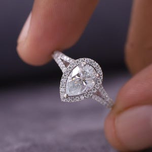 Split Shank Engagement Ring, Halo Proposal Ring, 1.5 CT Pear Promise Ring, Solitaire Diamond Wedding Ring, Anniversary Gift, Man Made Ring