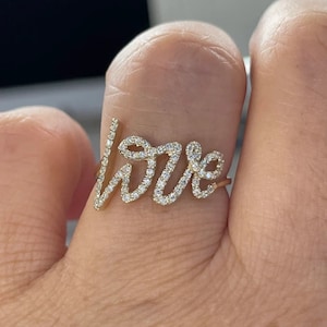 Round Diamond Wedding Gift, Love Stackable Ring, Beautiful Engagement Ring, Hand Written Anniversary Gift, Solid Gold Ring for Girlfriend