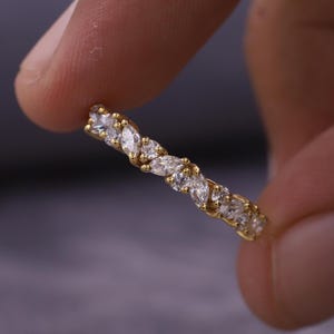 18K Solid Gold Promise Ring, Half Eternity Stacking Band, Diamond Anniversary Gift for Women, Marquise & Round Cut Moissanite Wedding Band