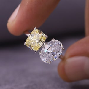 Two Stone Engagement Ring, Oval & Cushion Cut Moissanite Wedding Ring, Toi et Moi Ring, Classic White-Yellow Diamond Promise Ring for Women