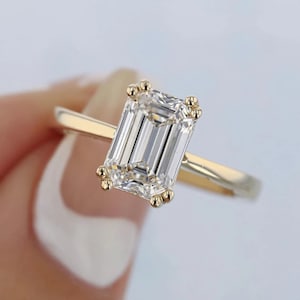 Double Prong Set Engagement Ring, Solitaire Diamond Ring, 2.5 CT Emerald Cut Moissanite Ring, 14K Yellow Gold Wedding Ring, Anniversary Gift