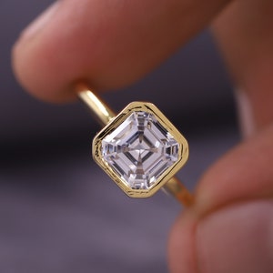 Full Bezel Set Solitaire Wedding Ring, 10k Solid Gold Bridal Ring, Minimalist Anniversary Gift, 2.0CT Asscher Cut Moissanite Engagement Ring