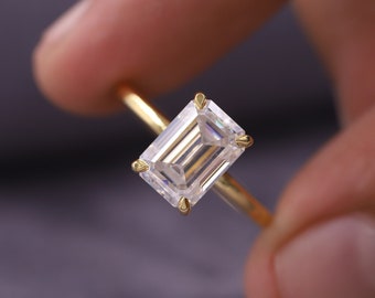 Solitaire Diamond Ring, 2.0 CT Emerald Cut Engagement Ring, Four Prong Set Wedding Ring, Yellow Gold Plated Ring, Anniversary Gift for Women