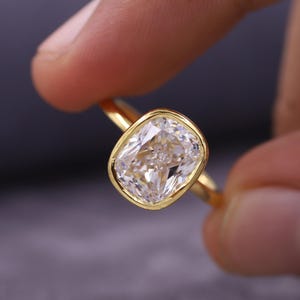 Bezel Set With Hidden Halo Ring, Gift for Her, 14K Yellow Gold Wedding Ring, Anniversary Gift, 2.0 CT Cushion Cut Moissanite Engagement Ring