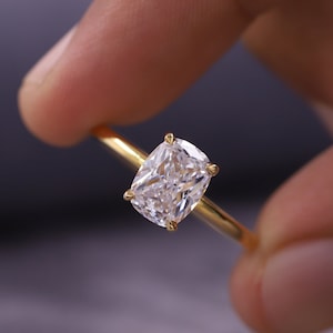 14K Solid Gold Engagement Ring, 2.0 CT Elongated Cushion Moissanite Ring, Solitaire Wedding Ring, Anniversary Gift, Ring for Someone Special