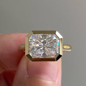 Full Bezel Set Wedding Ring, Radiant Cut Moissanite Engagement Ring, Ice Crushed Elongated Radiant Diamond Ring, Cathedral Shank Bridal Ring