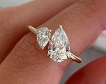 Double Teardrop Ring, Two Stone Promise Ring, Toi Et Moi Ring, Minimalist Proposal Ring, 14K Solid Gold Wedding Ring, Unique Engagement Ring