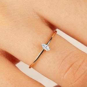 14K Solid Gold Wedding Ring, Simple Solitaire Mini Diamond Ring, Marquise Cut Moissanite Engagement Ring, Promise Ring, Dainty Bridal Ring