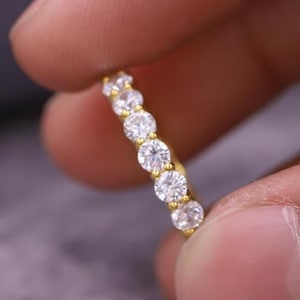 Full Eternity Wedding Band, Round Cut Moissanite Engagement Band, Classic Simulated Diamond Band, Solid Gold Plated Matching Band for Women
