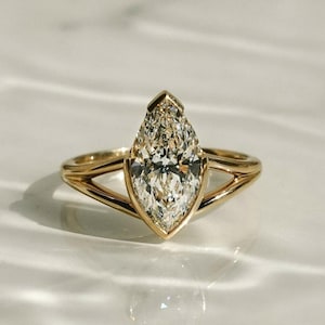 IGI Certified Diamond Wedding Ring, Marquise Cut Lab Created Engagement Ring, Solitaire Half Bezel Set Ring, 14K Solid Gold Split Shank Ring