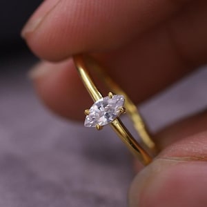 Small Diamond Engagement Ring, Marquise Cut Moissanite Wedding Ring, 14K Solid Gold Anniversary Gift, Minimalist Ring, Birthday Gift for Her