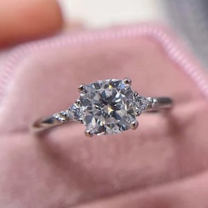 14K White Gold Engagement Ring, Cushion Cut Lab Grown Diamond Ring, CVD Diamond Three Stone Ring, Bridal Gift, Trilogy Diamond Ring for Her