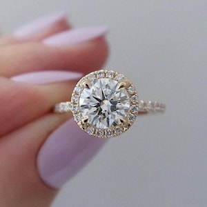 Round Cut Lab Grown Diamond Ring, Brilliant Halo Engagement Ring, Tulip Prong Set Wedding Ring, Half Pave Set Promise Ring, Gift for Women