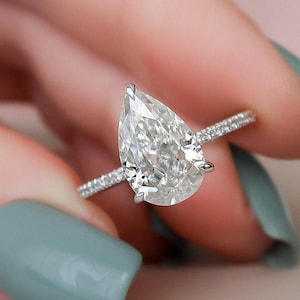 Half Pave Set Bridal Ring, Pear Cut Lab Grown Diamond Wedding Ring, Hidden Halo Engagement Ring, Certified Diamond Ring, Anniversary Gift