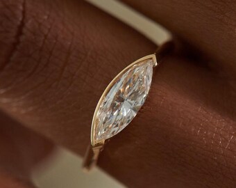Half Bezel Set Wedding Ring, Marquise Cut Lab Grown Diamond Ring, East To West Set Solitaire Ring,  Lab Created Diamond Engagement Ring