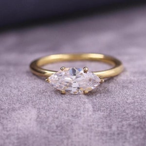 East West Lab Grown Diamond Ring, Marquise Cut Engagement Ring, Unique One Solitaire Diamond Ring, Six prong Set Wedding Ring for Women.