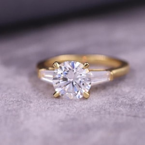Round Three Stone Engagement Ring, Round Cut Lab Grown Diamond Ring, Tapered Baguettes Side Diamond Ring, IGI Certified Wedding Ring for Her