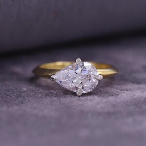 Pear Cut Lab Grown Diamond Engagement Ring, East to West Diamond Ring, Hidden Halo Wedding Ring, Solitaire Two Tone Ring, Anniversary Gift.