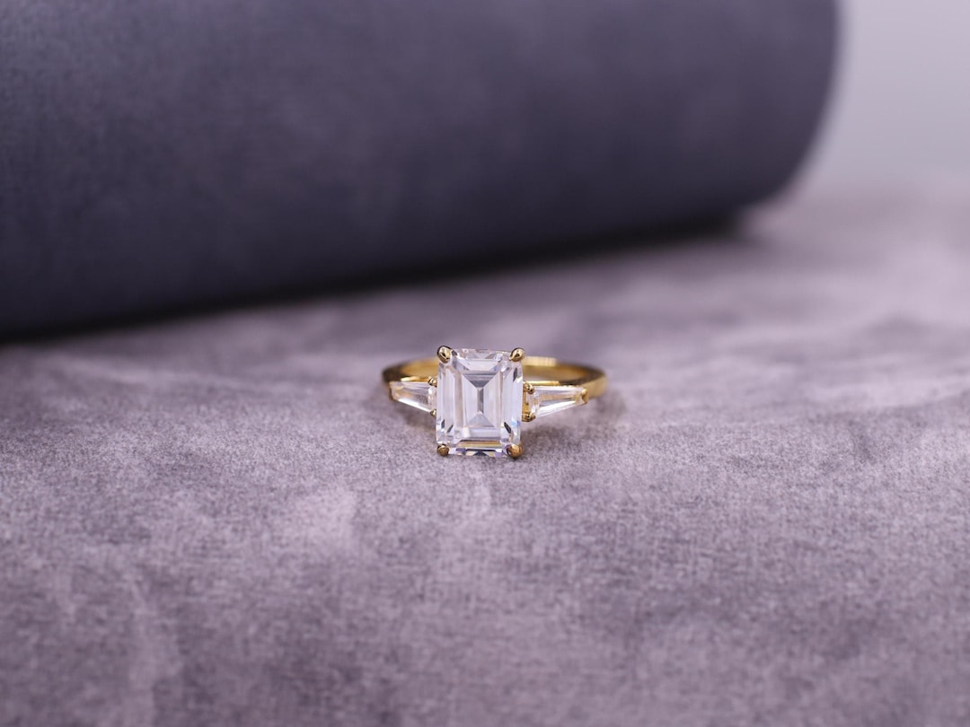 Emerald Cut Lab Grown Diamond Ring, Classic Three Stone Engagement Ring ...
