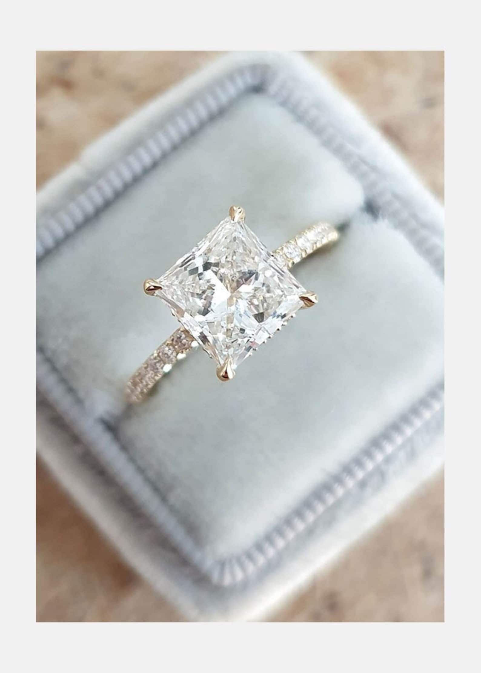 Hidden Halo Wedding Ring, 2.0 CT Princess Cut Moissanite Engagement Ring, Unique Pave Solitaire Ring, Dainty Ring, Bridal Ring Gift for Her
