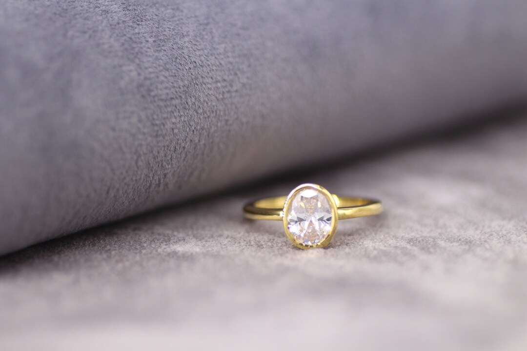 14K Gold Oval Moissanite Engagement Ring, Full Bezel Solitaire Ring - Etsy