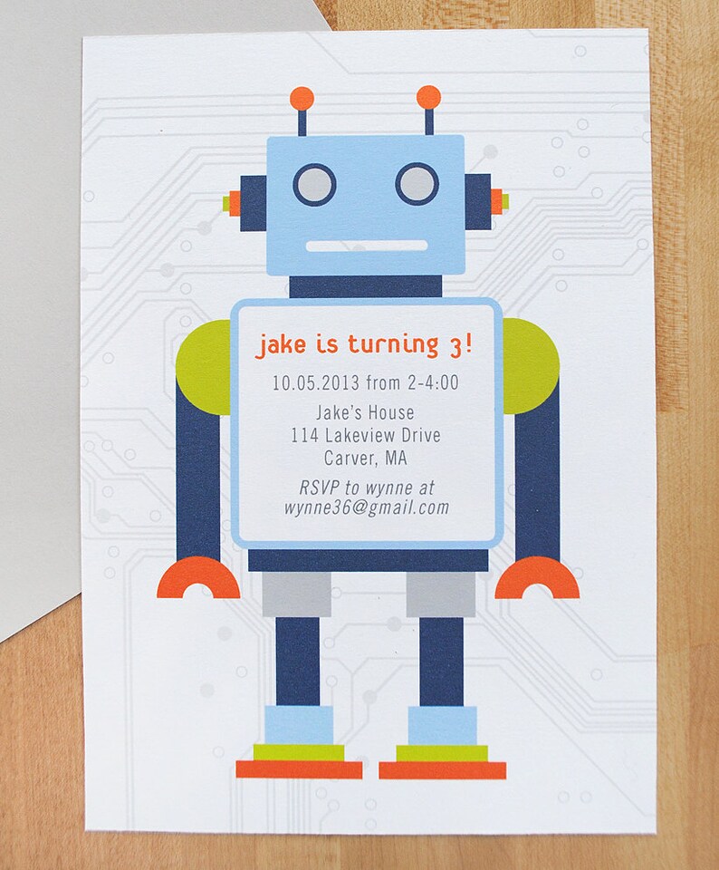 Robot birthday invitations, robot birthday party, birthday invitations for boys, modern birthday invitation, DIGITAL FILE image 1