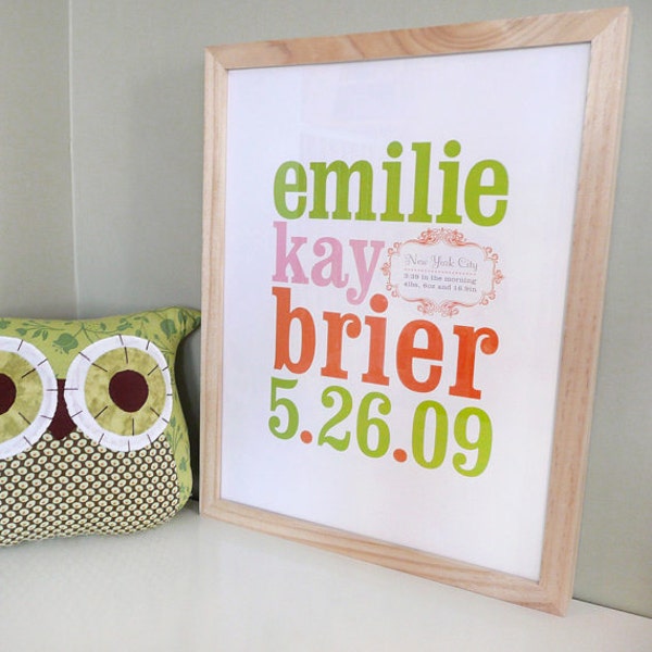 Name print kids wall art with wood type, custom birth print