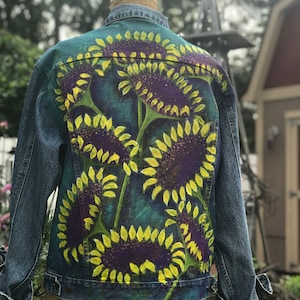Hand painted Up Cycle Denim Jean Jacket Sunflowers Flowers Boho Hippie