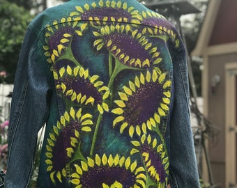 Hand painted Up Cycle Denim Jean Jacket Sunflowers Flowers Boho Hippie