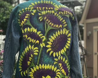 Hand painted Up Cycle Denim Jean Jacket Sunflowers Flowers Boho Hippie