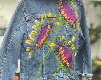 Hand painted Denim Jean Jacket Toddler Little Girl Sunflowers Flowers Bouquet