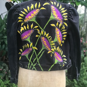 Hand Painted Black Denim Jean Jacket Up cycle Recycle Sunflowers Flowers Boho Hippie