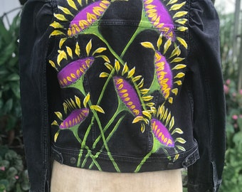 Hand Painted Black Denim Jean Jacket Up cycle Recycle Sunflowers Flowers Boho Hippie