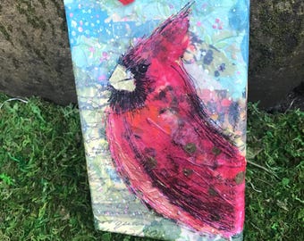 Hand Painted Cardinal Christmas Ornament on Canvas Mixed Media Red Bird Ready to hang