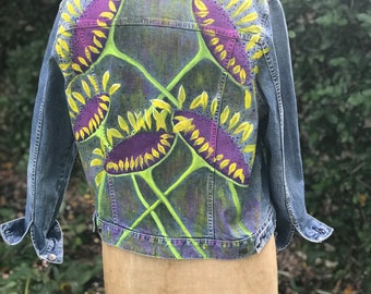 Denim Jean Jacket Hand painted Recycle Upcycle Sunflower Flowers Boho Hippie