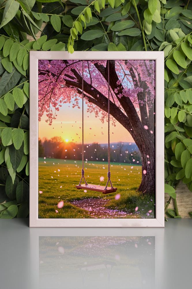 Cherry Blossom Swing Wall Art | Romantic Sunset Garden | Enchanted