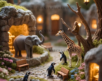 Miniature Cozy Zoo Wall Art | Whimsical Diorama Animal Print | Enchanted Fantasy Home Decor