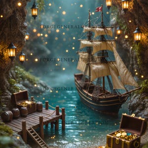 Piratenbucht Fantasy Kunstdruck: Miniatur Schiff, leuchtende Laterne (Digitaler Download)