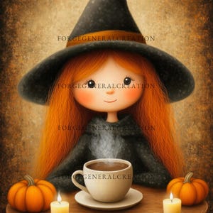 Puede incluir: Ilustración de una bruja de dibujos animados con pelo largo rojo y un sombrero negro. Está sentada en una mesa de madera con una taza de café, dos pequeñas calabazas y dos velas encendidas. La imagen tiene una paleta de colores cálidos.