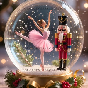 May include: A snow globe featuring a ballerina in a pink tutu and a toy soldier. The ballerina is poised in a graceful dance, while the toy soldier stands at attention. The base is gold with a bow and holly.