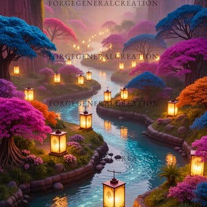 Himmelsk lykta flodtryck: Magiskt fantasilandskap (digital nedladdning)