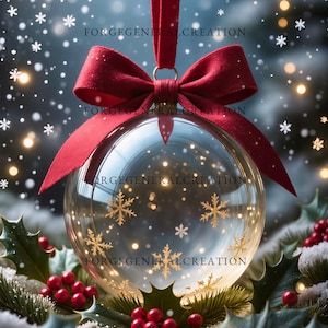Puede incluir: Una bola de Navidad de cristal transparente con diseños de copos de nieve dorados, suspendida por una cinta roja. El adorno está rodeado de acebo, bayas rojas y un fondo nevado. El texto "FORGEGENERALCREATION" es visible.